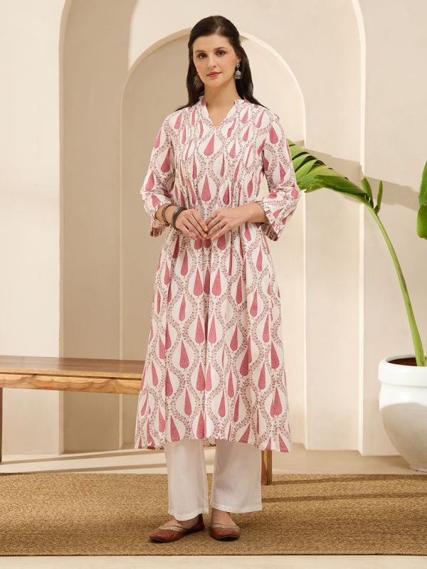 Globus Women Pink V-Neck Frill Hem Sleeves Ethnic Print Pleated A-Line With Wide Leg Pants Set