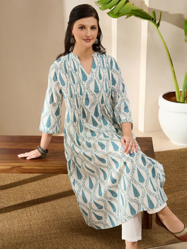 Globus Women Blue V-Neck Frill Hem Sleeves Ethnic Print Pleated A-Line With Wide Leg Pants Set