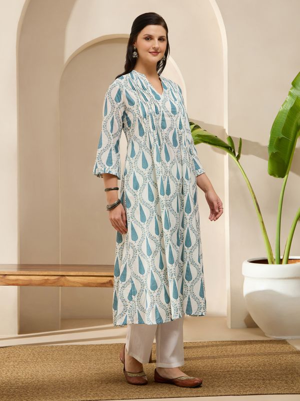 Globus Women Blue V-Neck Frill Hem Sleeves Ethnic Print Pleated A-Line With Wide Leg Pants Set