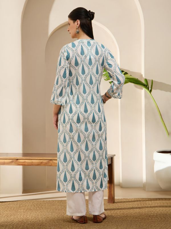 Globus Women Blue V-Neck Frill Hem Sleeves Ethnic Print Pleated A-Line With Wide Leg Pants Set