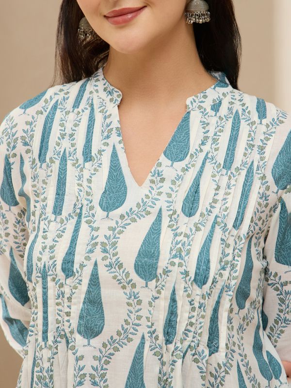 Globus Women Blue V-Neck Frill Hem Sleeves Ethnic Print Pleated A-Line With Wide Leg Pants Set
