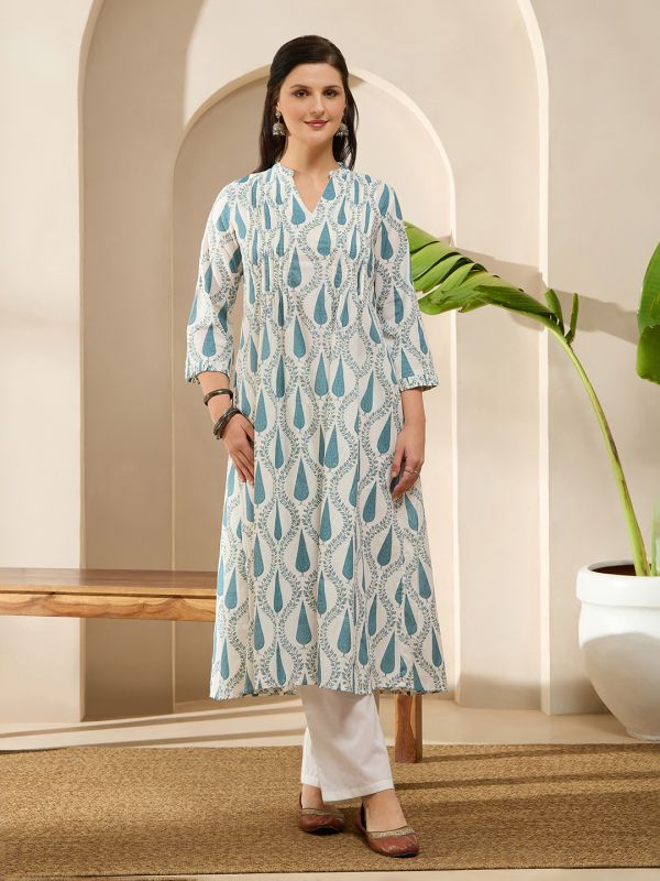 Globus Women Blue V-Neck Frill Hem Sleeves Ethnic Print Pleated A-Line With Wide Leg Pants Set