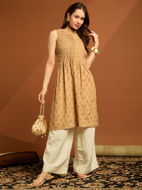 Globus Women Beige Frilled High Neck Sleeveless Floral Printed Pleated Cotton Slub A-line Tunic