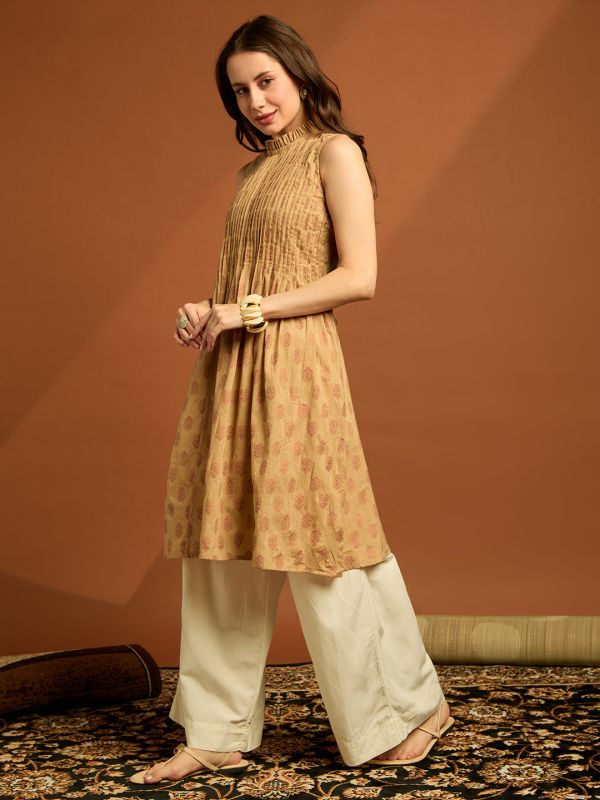 Globus Women Beige Frilled High Neck Sleeveless Floral Printed Pleated Cotton Slub A-line Tunic