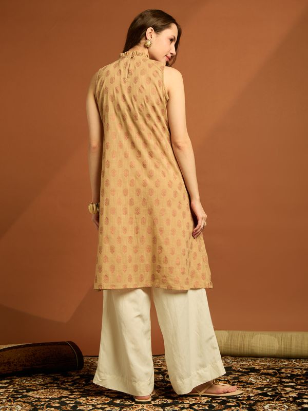 Globus Women Beige Frilled High Neck Sleeveless Floral Printed Pleated Cotton Slub A-line Tunic