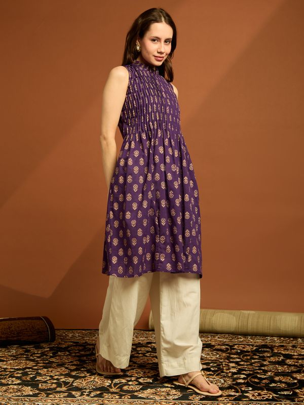 Globus Women Purple Frilled High Neck Sleeveless Floral Printed Pleated Cotton Slub A-line Tunic