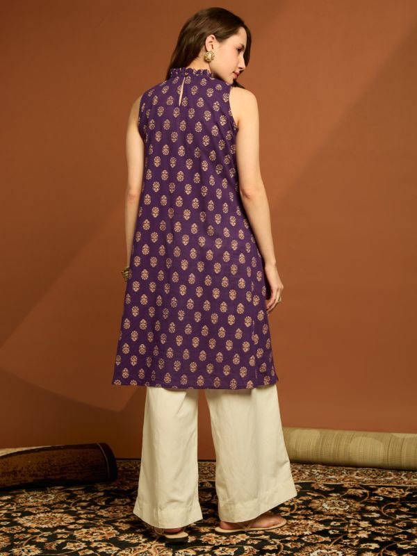 Globus Women Purple Frilled High Neck Sleeveless Floral Printed Pleated Cotton Slub A-line Tunic