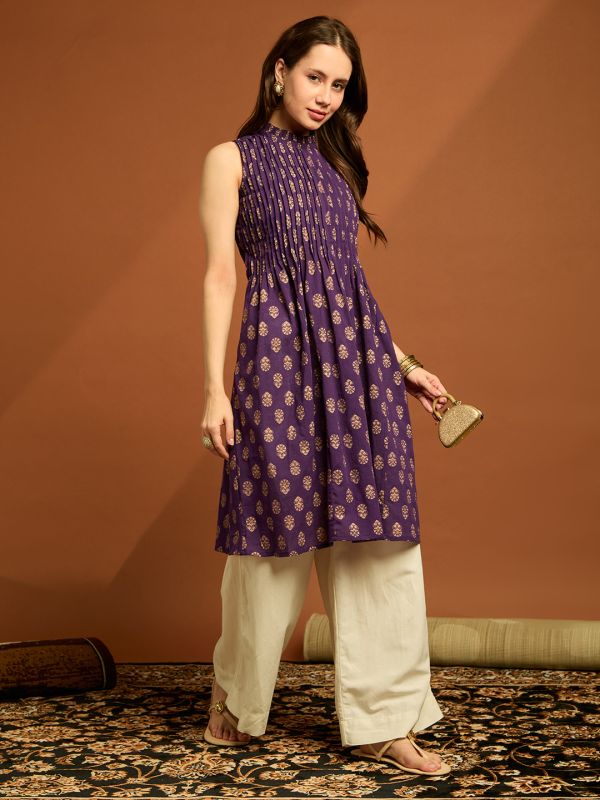 Globus Women Purple Frilled High Neck Sleeveless Floral Printed Pleated Cotton Slub A-line Tunic