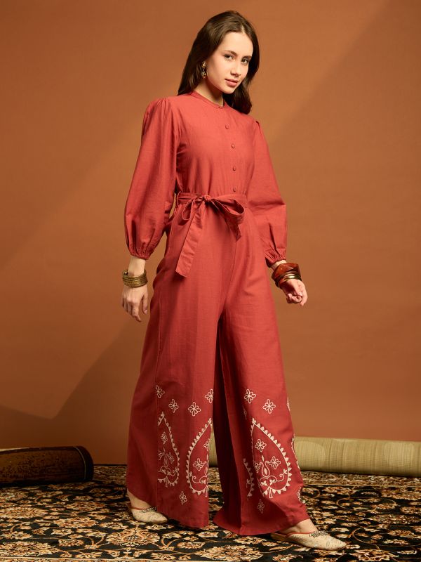 Globus Women Brown Band Neck Bishop Sleeves Embroidered Waist Tie-up Cotton Boho Jumpsuit