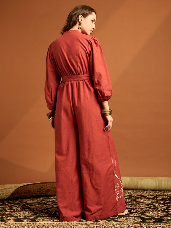 Globus Women Brown Band Neck Bishop Sleeves Embroidered Waist Tie-up Cotton Boho Jumpsuit