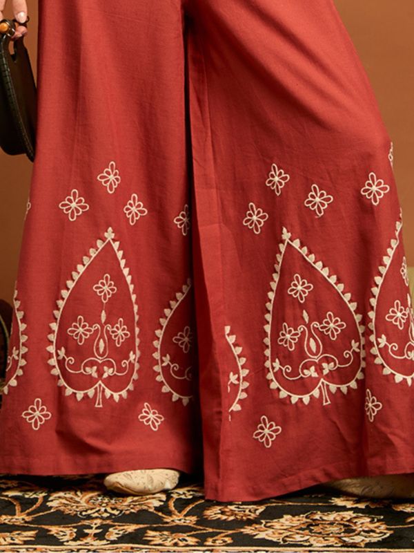 Globus Women Brown Band Neck Bishop Sleeves Embroidered Waist Tie-up Cotton Boho Jumpsuit