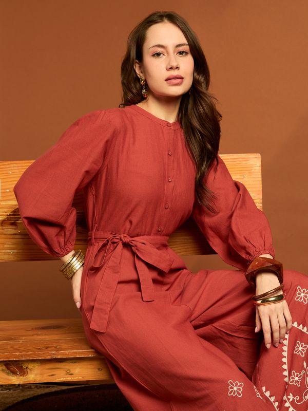 Globus Women Brown Band Neck Bishop Sleeves Embroidered Waist Tie-up Cotton Boho Jumpsuit
