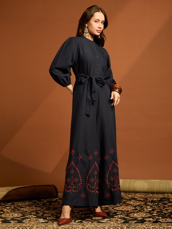 Globus Women Navy Blue Band Neck Bishop Sleeves Embroidered Waist Tie-up Cotton Boho Jumpsuit