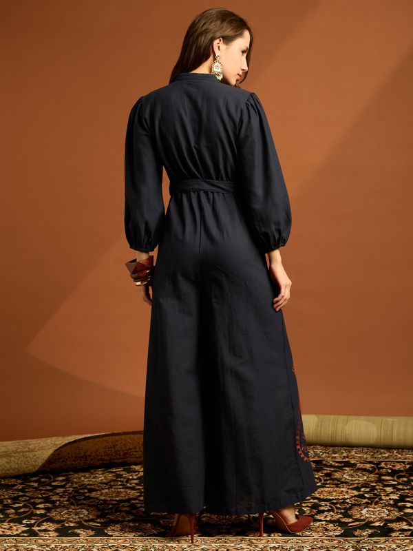 Globus Women Navy Blue Band Neck Bishop Sleeves Embroidered Waist Tie-up Cotton Boho Jumpsuit