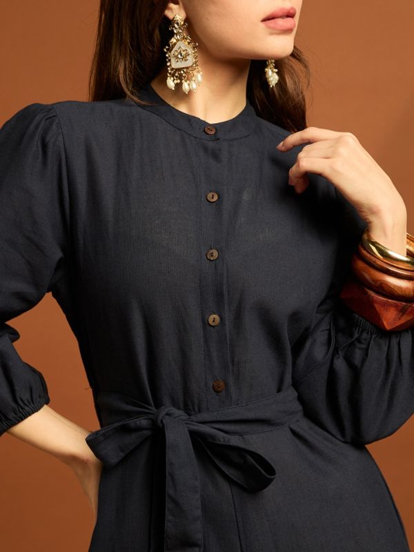 Globus Women Navy Blue Band Neck Bishop Sleeves Embroidered Waist Tie-up Cotton Boho Jumpsuit