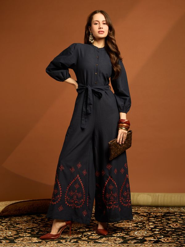 Globus Women Navy Blue Band Neck Bishop Sleeves Embroidered Waist Tie-up Cotton Boho Jumpsuit