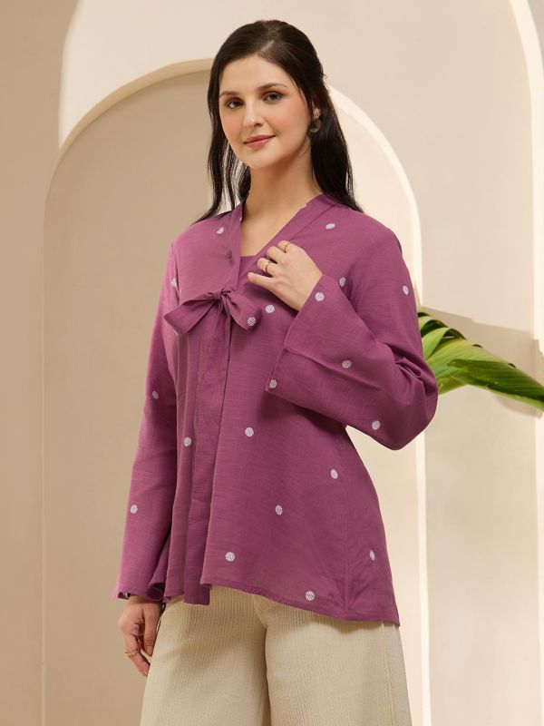 Globus Women Pink V-Neck Bell Sleeves Tie-Up Detail Abstract Print A-Line Tunic