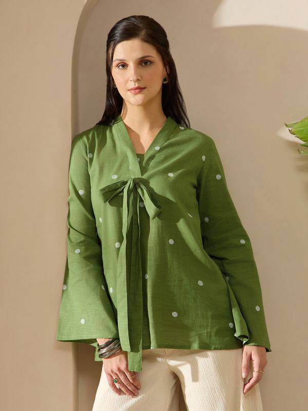 Globus Women Green V-Neck Bell Sleeves Tie-Up Detail Abstract Print A-Line Tunic