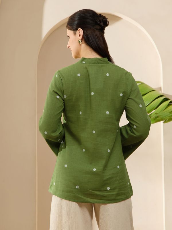 Globus Women Green V-Neck Bell Sleeves Tie-Up Detail Abstract Print A-Line Tunic