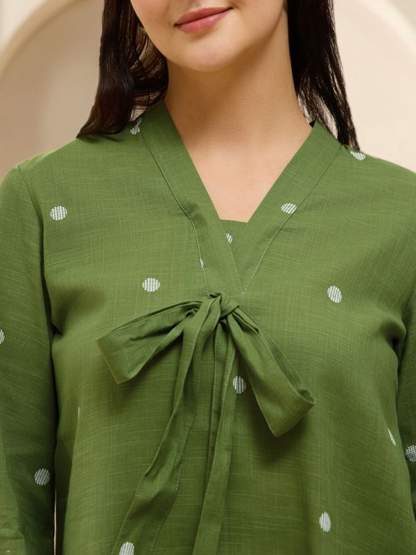 Globus Women Green V-Neck Bell Sleeves Tie-Up Detail Abstract Print A-Line Tunic