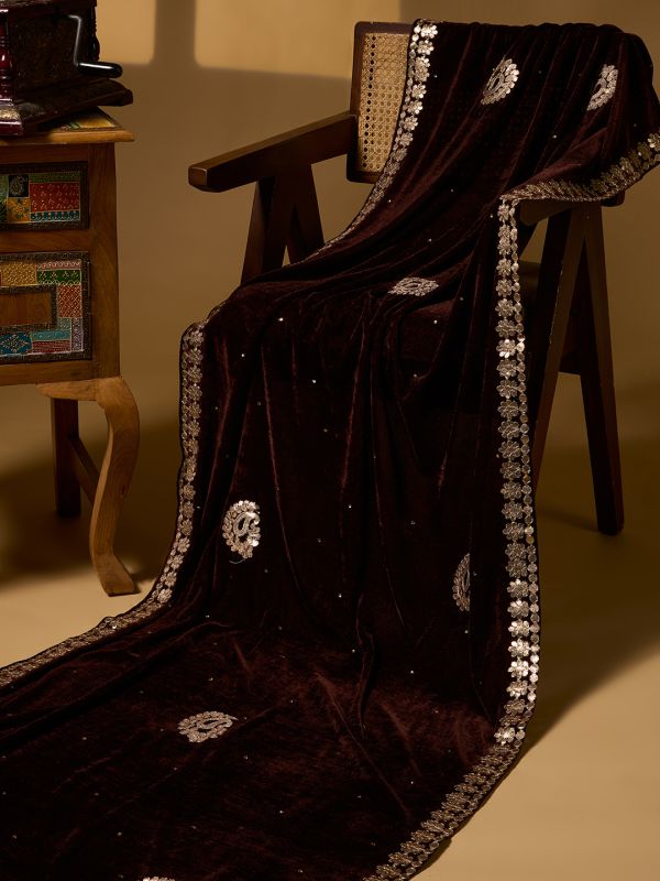 Globus Women Brown Paisley Embroidered Gotta Patti Detail Embellished Velvet Festive Dupatta