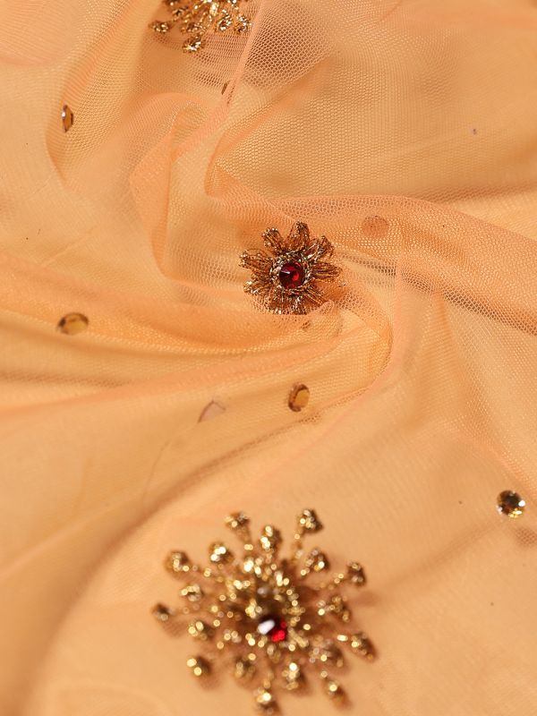 Globus Women Peach Embellished & Embroidered Beads Tapping Border Net Festive Dupatta