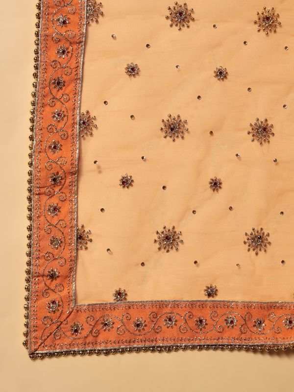 Globus Women Peach Embellished & Embroidered Beads Tapping Border Net Festive Dupatta