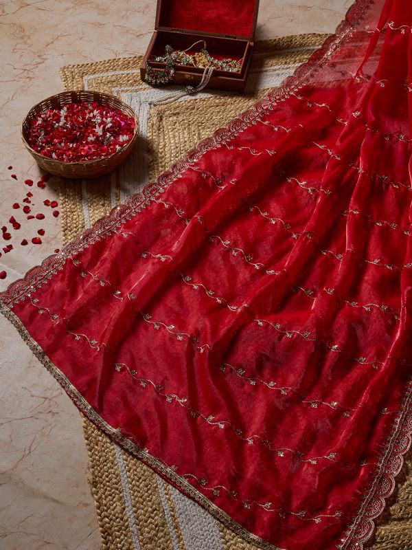 Globus Women Red Sequinned & Floral Zari Embroidered Scalloped Border Satin Festive Dupatta