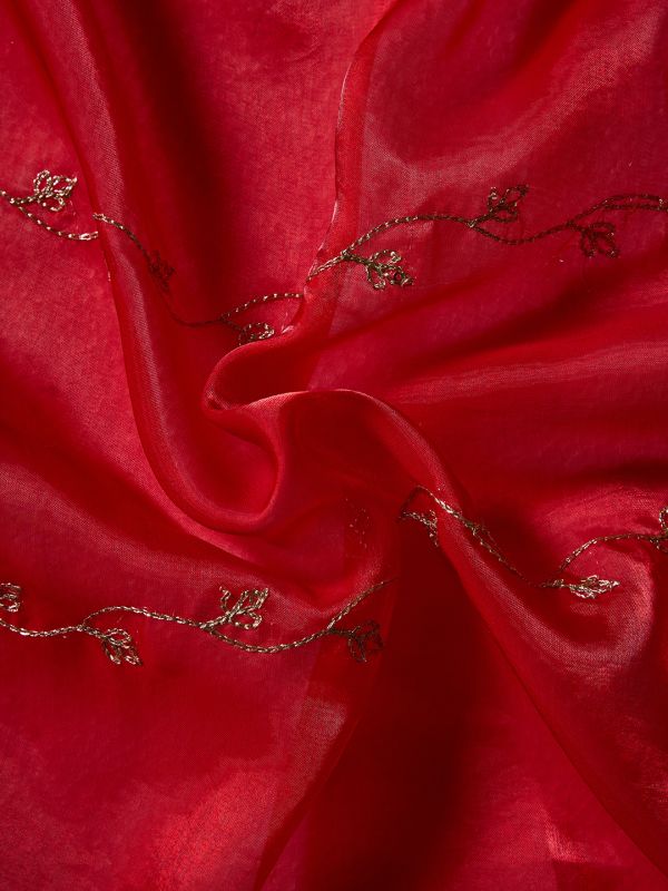 Globus Women Red Sequinned & Floral Zari Embroidered Scalloped Border Satin Festive Dupatta