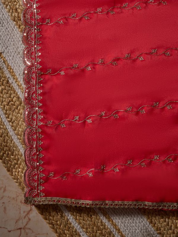 Globus Women Red Sequinned & Floral Zari Embroidered Scalloped Border Satin Festive Dupatta