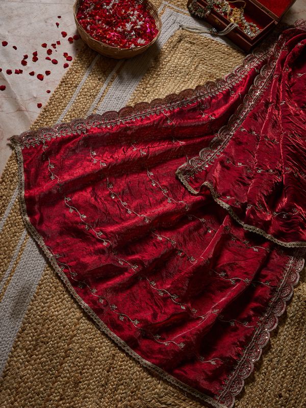 Globus Women Wine Sequinned & Floral Zari Embroidered Scalloped Border Satin Festive Dupatta