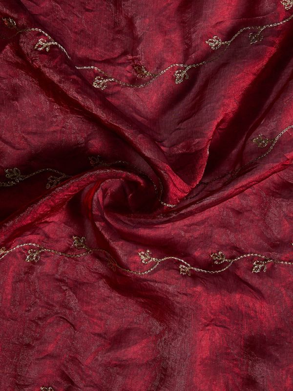 Globus Women Wine Sequinned & Floral Zari Embroidered Scalloped Border Satin Festive Dupatta
