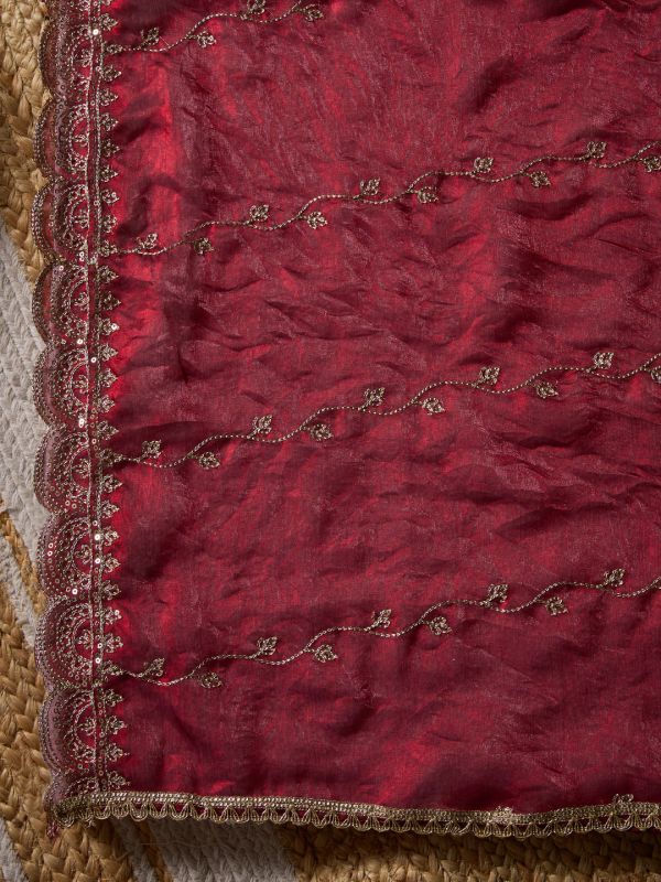 Globus Women Wine Sequinned & Floral Zari Embroidered Scalloped Border Satin Festive Dupatta