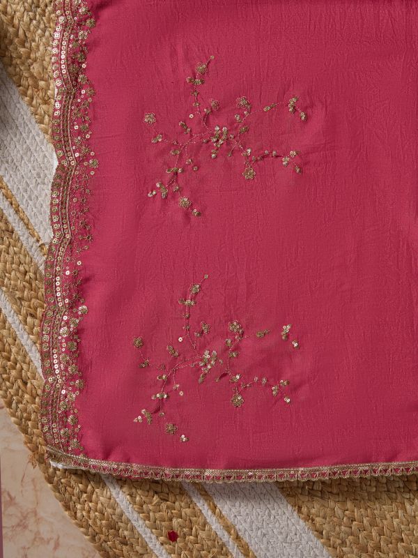 Globus Women Pink Sequinned & Floral Zari Embroidered Scalloped Border Silk Festive Dupatta