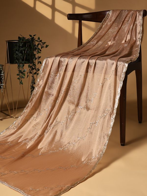 Globus Women Gold Sequinned & Zari Embroidered Scalloped Border Festive Dupatta