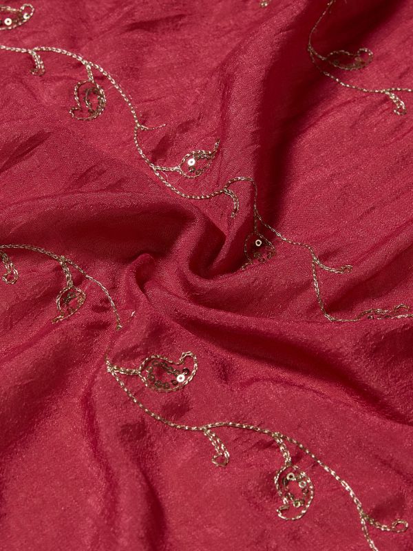 Globus Women Pink Sequinned & Paisely Silk Thread Embroidered Scalloped Border Silk Festive Dupatta