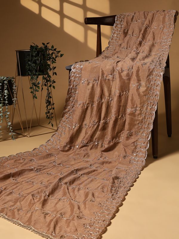 Globus Women Gold Sequinned & Paisely Silk Thread Embroidered Scalloped Border Silk Festive Dupatta