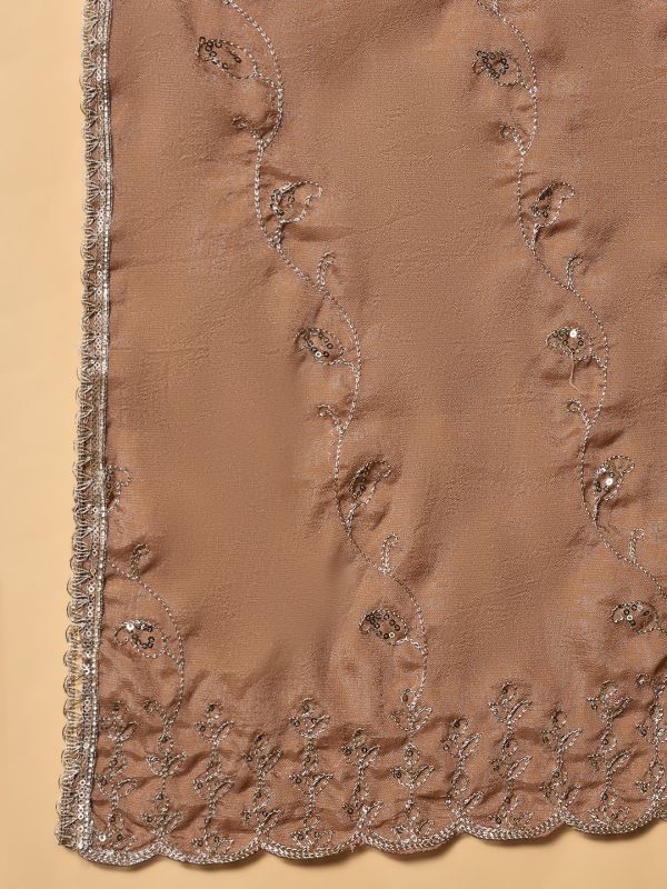 Globus Women Gold Sequinned & Paisely Silk Thread Embroidered Scalloped Border Silk Festive Dupatta