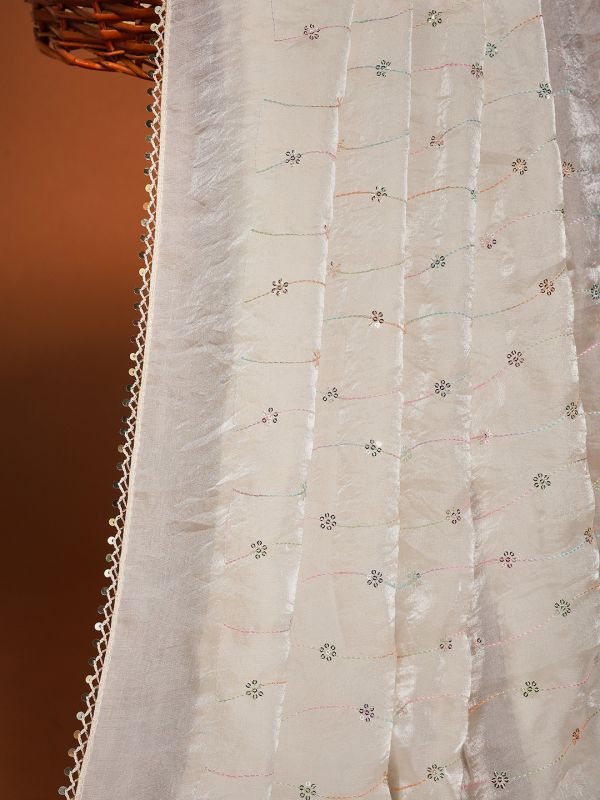 Globus Women Off White Ethnic Sequinned & Embroidered Tapping Border Satin Festive Dupatta