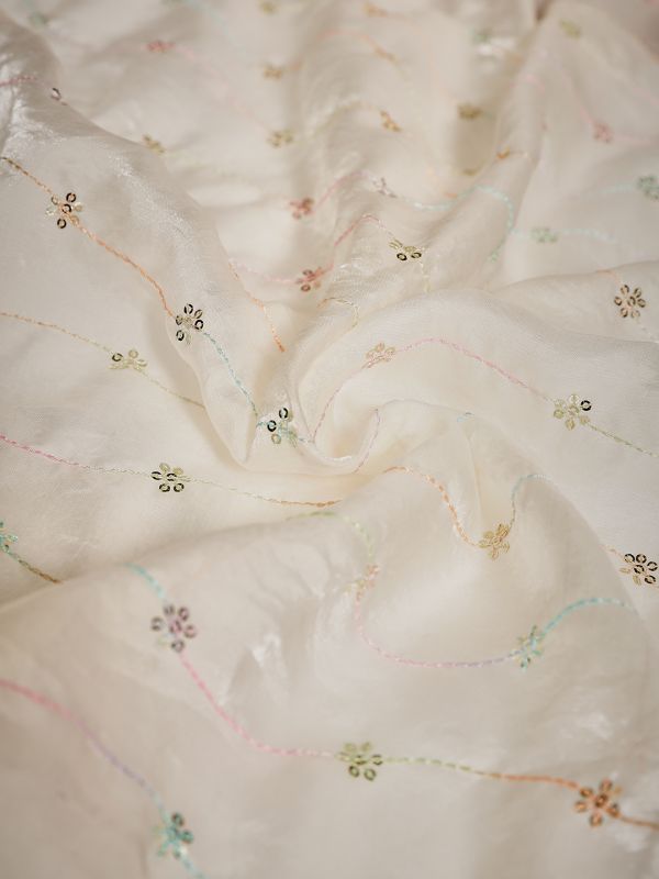 Globus Women Off White Ethnic Sequinned & Embroidered Tapping Border Satin Festive Dupatta