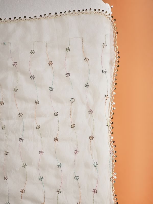 Globus Women Off White Ethnic Sequinned & Embroidered Tapping Border Satin Festive Dupatta