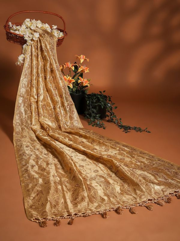 Globus Women Gold Floral Woven Design Tasselled Border Brocade Festive Dupatta