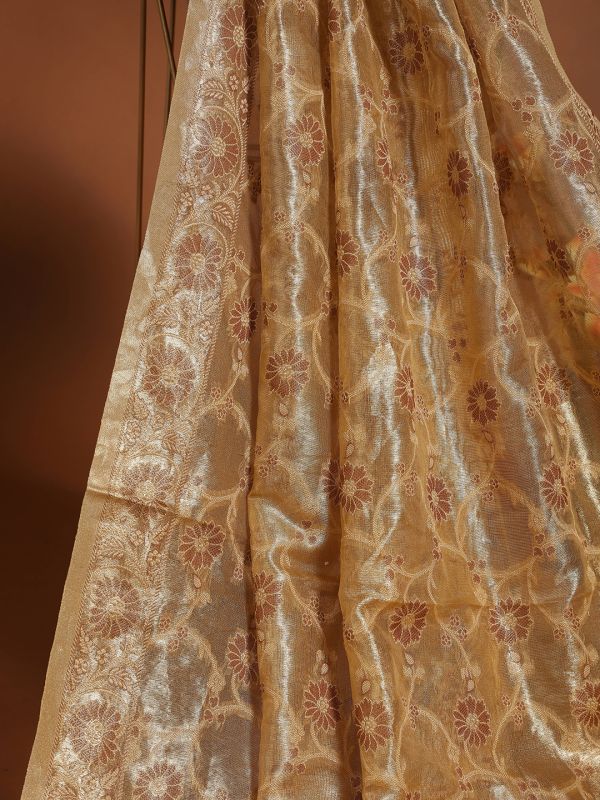 Globus Women Gold Floral Woven Design Tasselled Border Brocade Festive Dupatta