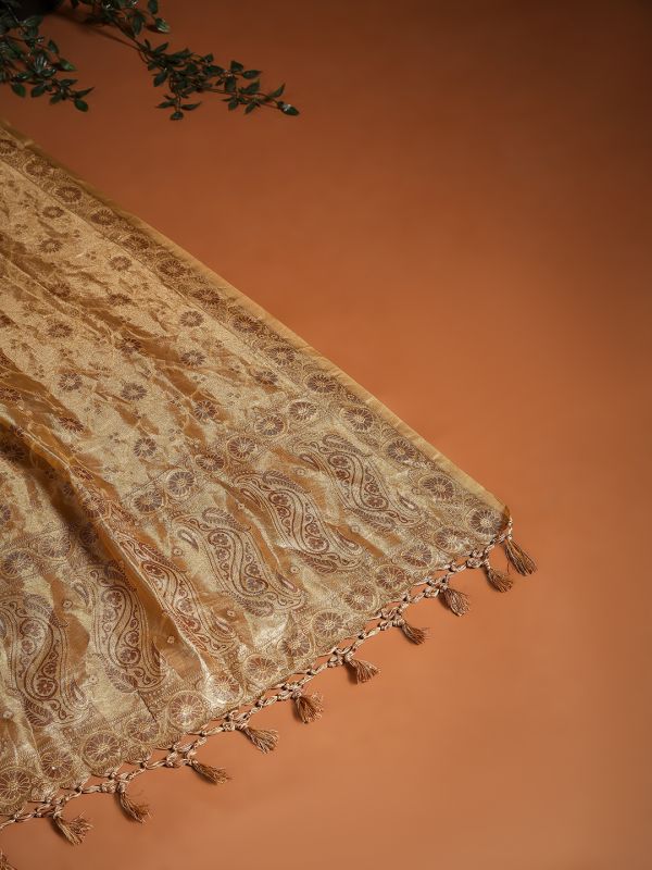 Globus Women Gold Floral Woven Design Tasselled Border Brocade Festive Dupatta