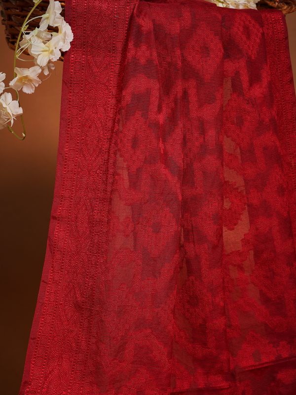 Globus Women Maroon Geometric Woven Design Tasselled Border Brocade Festive Dupatta