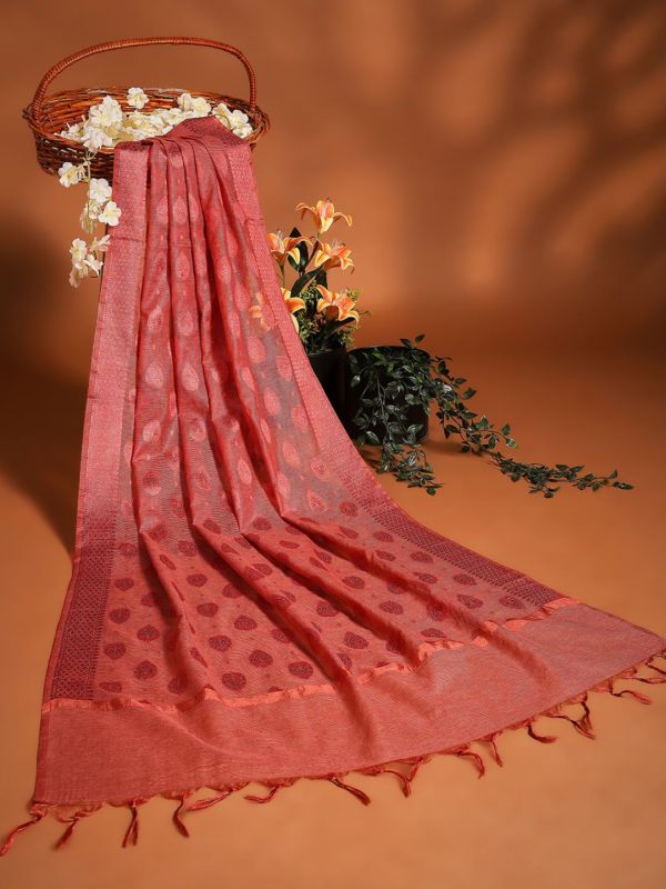 Globus Women Pink Ethnic Woven Design Tasselled Border Brocade Festive Dupatta