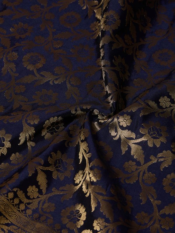 Globus Women Navy Blue Floral Woven Design Brocade Tasselled Border Festive Banarasi Dupatta