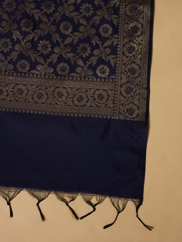 Globus Women Navy Blue Floral Woven Design Brocade Tasselled Border Festive Banarasi Dupatta