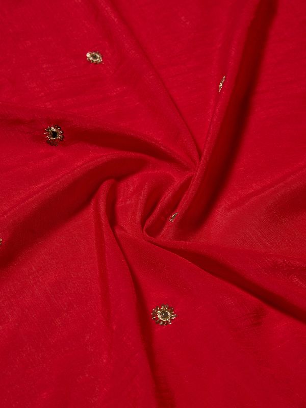 Globus Women Red Sequin Embroidered Mirror Work Scalloped Border Silk Festive Dupatta