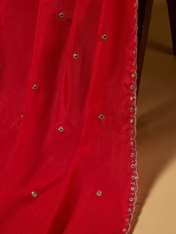Globus Women Red Sequin Embroidered Mirror Work Scalloped Border Silk Festive Dupatta